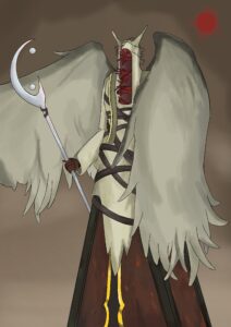 A coloured drawing of an angelic being without a face, instead having a hole with arms reaching out