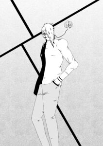 A black and white drawing of a man standing casually with his hand in his pocket