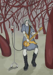 A coloured drawing of a woman playing a guitar hooked up to an IV bag, standing in front of a series of giant arteries sprouting from the ground