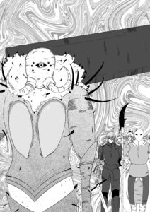 A black and white drawing of several knights standing, with an especially large knight with a mammoth-like face and cockroach-like body in the foreground