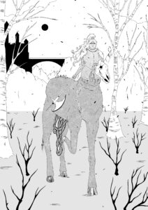 A black and white drawing of a knight riding a horse they have partially fused with, holding a halberd