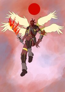 A coloured drawing of a four winged angel flying high in the sky, holding a flaming sword
